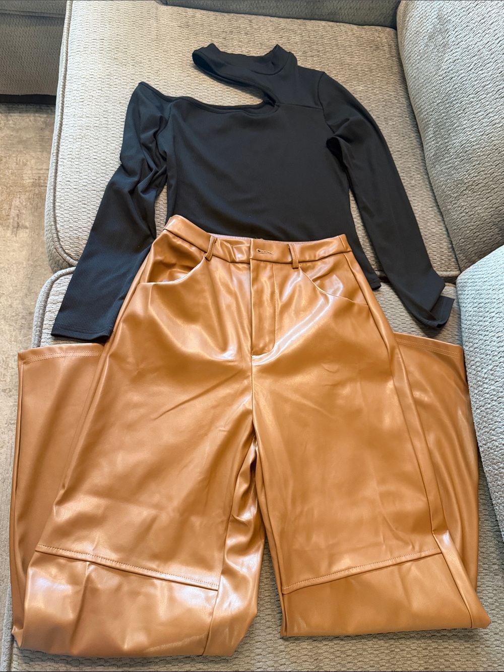 Women’s Black Cuout Top and Camel Faux Leather Wide Leg Pants - 2 Piece Outfit